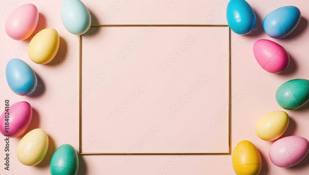 Obraz premium Colorful pastel Easter eggs arranged in square frame on soft pink background, creating festive and cheerful holiday design