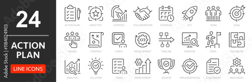 Action plan thin line icon set. Goal, strategy, plan and case monitoring. Assessment, timeline, solution, analysis, implementation, check - stock vector.