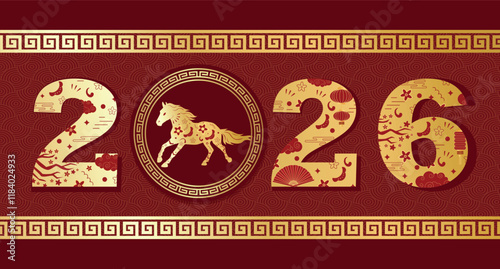 Chinese New Year 2026 ornate numbers with horse and vintage gold oriental Chinese border frames red luxury background. Horizontal luxury New Year banners, posters, newsletters. 2026 Lunar New Year