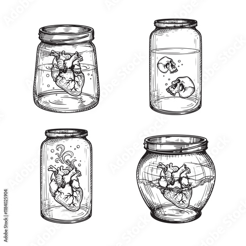 Jars with poison liquid and human heart and skulls inside. Hand drawn sketch style. Best for tattoo and mystical designs. Vector illustrations on white.