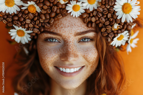 woman with flowers and coffee beans