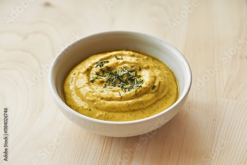 a white bowl containing mustard sauce