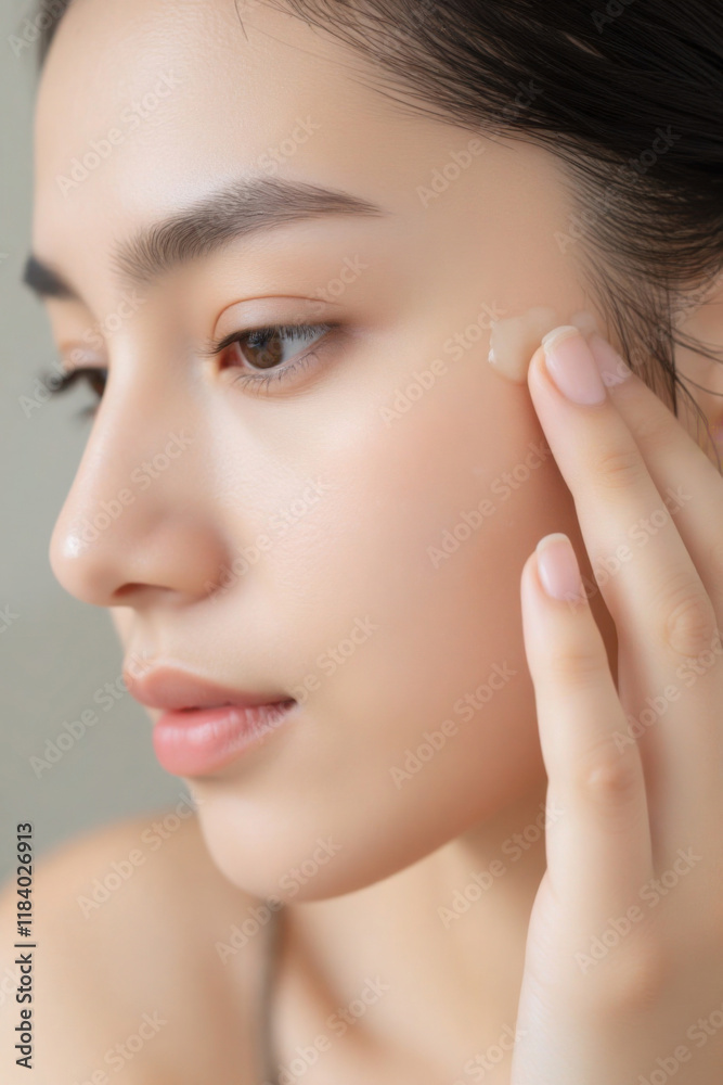 Profile shot of a close-up of an asian woman applying a product to their cheek, with their hand gently touching their face Profile shot of a close-up of an asian woman applying a product to their cheek, with their hand gently touching their face