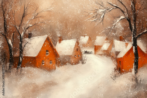 Tranquil winter scene of a snowy village featuring red houses, snow-covered rooftops, bare trees, falling snow, and a vintage sleigh.