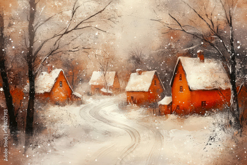 Rustic winter village with red houses, snow-covered rooftops, bare trees, a winding snowy path, and softly falling snowflakes.
