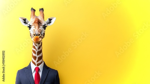 Regal giraffe dressed in a navy pinstripe suit against a bright yellow backdrop