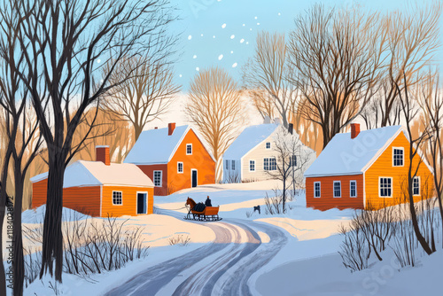 Illustration of a peaceful winter village featuring orange and white houses, bare trees, and a horse-drawn sleigh on a snowy path.