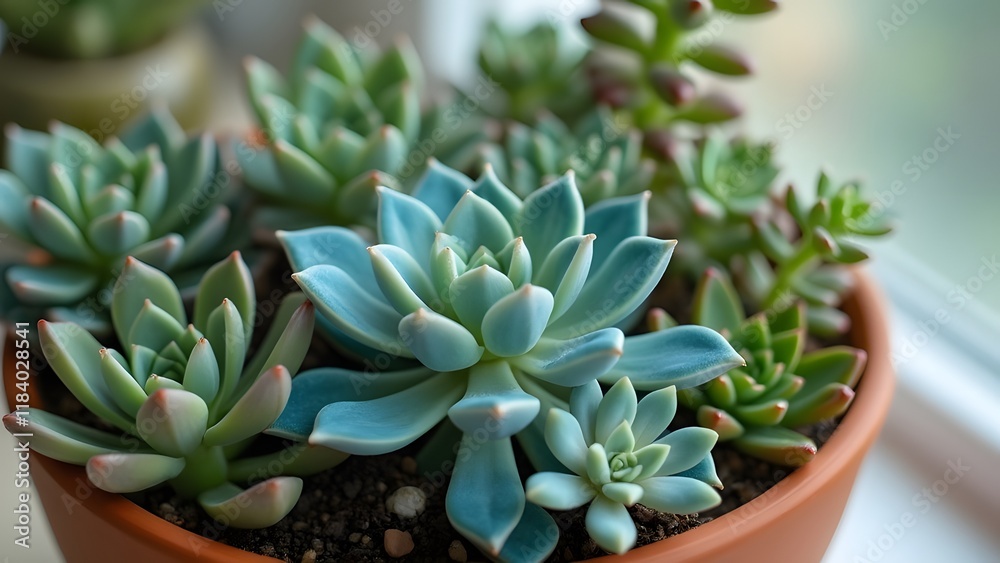 Obraz premium Stunning Teal Potted Succulent Collection, Echeveria, Sedum & More