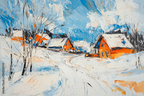 Colorful oil painting of a snowy village scene with vivid orange houses, white snow, bare trees, and a bright blue sky.