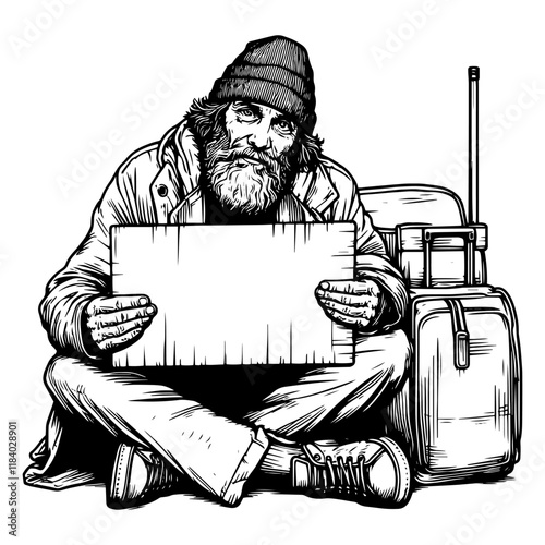 Homeless Man Sitting with Blank Sign vector