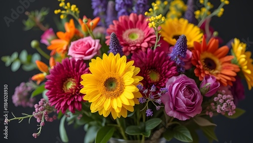 Vibrant Colorful Flower Bouquet in a Vase, Close-Up Shot of Gerbera Daisies, Sunflowers, Roses, and More