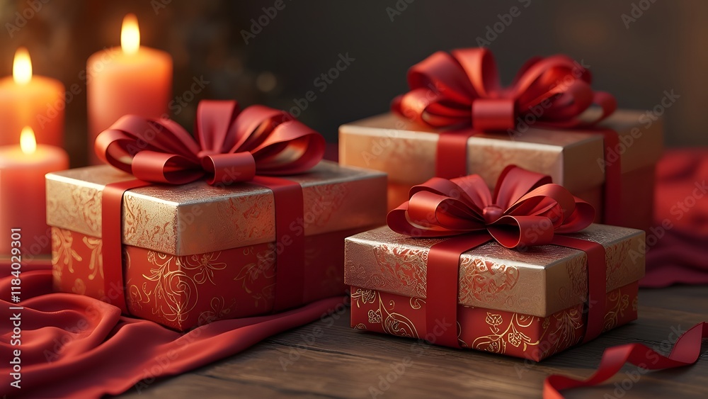 Obraz premium Three Luxurious Red Satin Gift Boxes with Gold Foil Accents on Wooden Table, Candlelight Setting - Holiday Presents