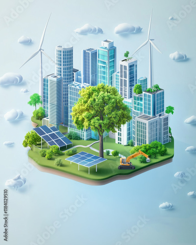 Ai Generated Icolated Isometric Illustration of a Green Sustainable City Concept and Renewable Energy such as Wind Turbines and Solar Panels Low Co2 in Pastel Green and Blue Colors photo