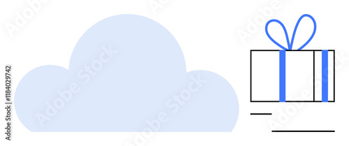 Blue cloud next to a white gift box with blue ribbon. Ideal for cloud services, data storage, digital gifts, online sharing, file transfer, secure storage, tech apps. Line metaphor