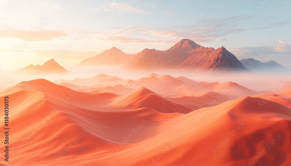 Naklejka premium Misty sunrise over vast desert dunes with mountains in background