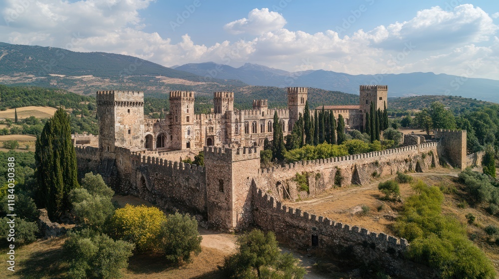 Aerial view of a medieval castle in a mountainous landscape, sunny day, tourism