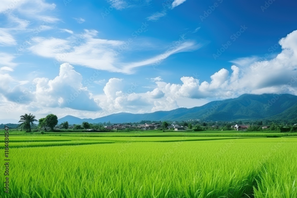 Obraz premium Farm landscape with ripe rice field and sky