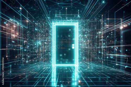 Glowing neon door surrounded by holographic lines in a digital environment