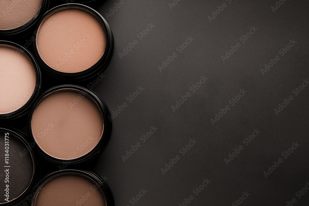 Mocha mousse, brown cosmetic powder containers arranged on dark background, top view, makeup products Mocha mousse, brown cosmetic powder containers arranged on dark background, top view, makeup products