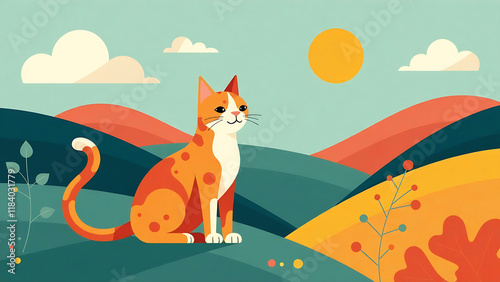 Stylized cat illustration in a colorful geometric landscape with bold shapes, hills, and a sun, creating a modern, playful scene.