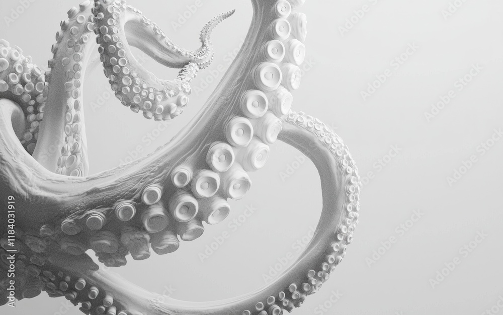 Obraz premium An octopus tentacle dynamically suspended mid-air, with visible texture against a crisp white background