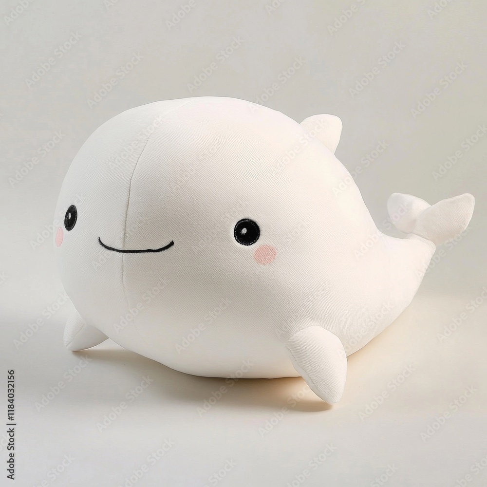 Cute white whale plush toy with chubby body, smooth surface, smiling face, simple round design, fluffy material, warm lighting. Cute white whale plush toy with chubby body, smooth surface, smiling face, simple round design, fluffy material, warm lighting.