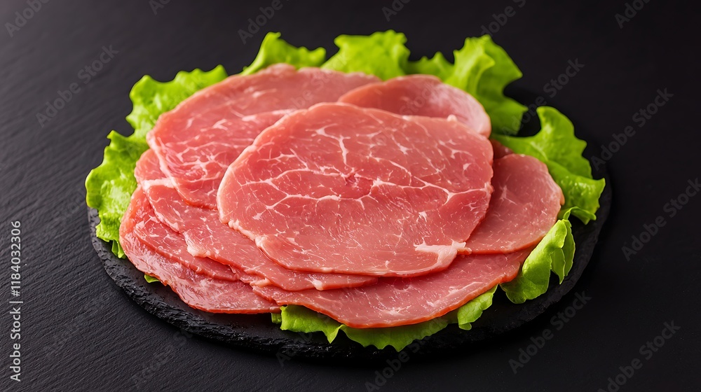 Sliced ham on lettuce bed, dark background. Sliced ham on lettuce bed, dark background.