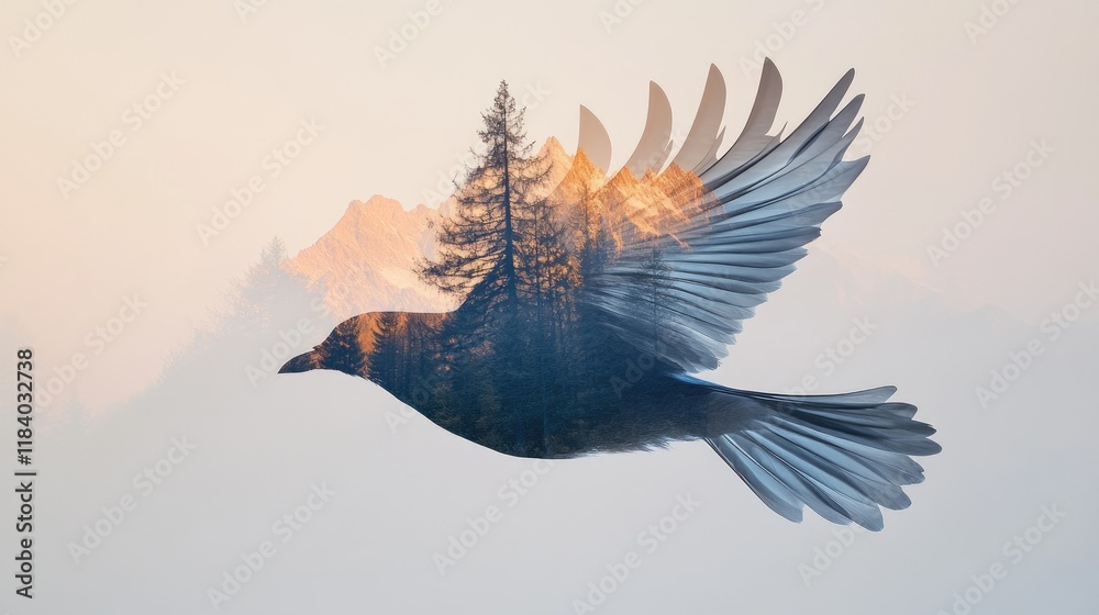 Fototapeta premium A bird in flight blended with mountain landscapes in a double exposure style, illustrating harmony between nature and motion.