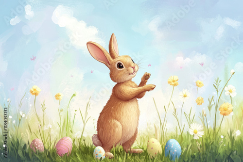 Easter bunny and Easter eggs on meadow. Easter concept.