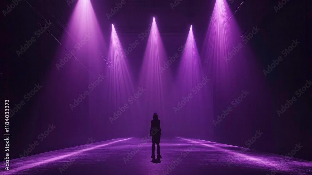 Silhouette of a person standing in a dark room illuminated by purple spotlights. Silhouette of a person standing in a dark room illuminated by purple spotlights.