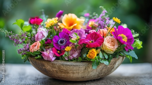 Wallpaper Mural A carefully arranged wooden bowl filled with vibrant flowers, blending rustic charm and natural elegance. Torontodigital.ca