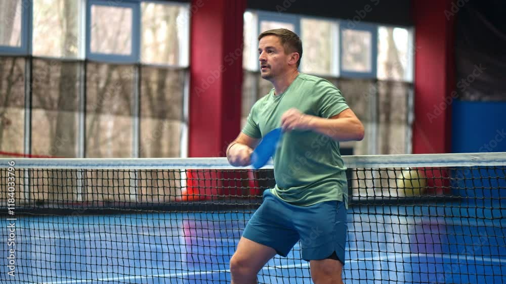 Man in a green shirt playing pickleball on a blue, inside court