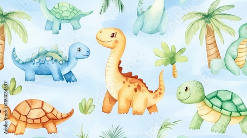 Fototapeta Naklejka Na Ścianę i Meble -  Cute turtles and dinosaurs with leaves background 