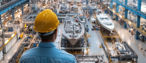 A man in a yellow helmet looks out over a large factory floor