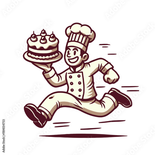 Classic cartoon chef running energetically with a layered cake, smiling with joy. Ideal for bakery, culinary, or vintage-themed designs. Isolated vector illustration.