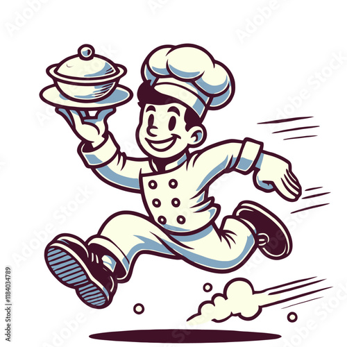 Playful cartoon chef running while holding a covered dish, smiling with enthusiasm. Great for culinary, celebration, or restaurant-themed designs. Isolated vector illustration.