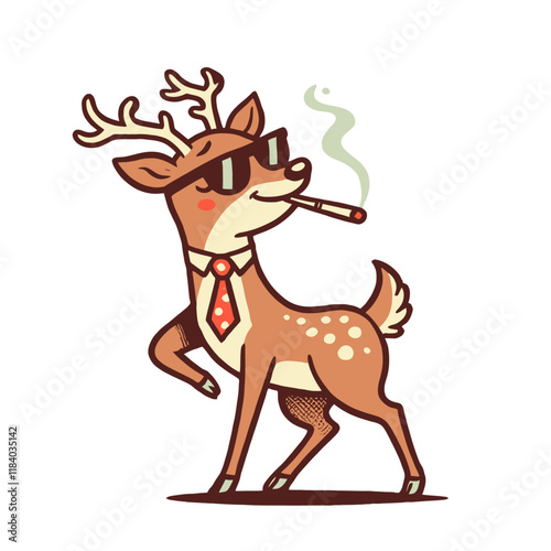 Quirky cartoon deer wearing sunglasses, a tie, and smoking a cigarette with a confident pose. Ideal for creative, trendy, or humorous designs. Isolated vector illustration.