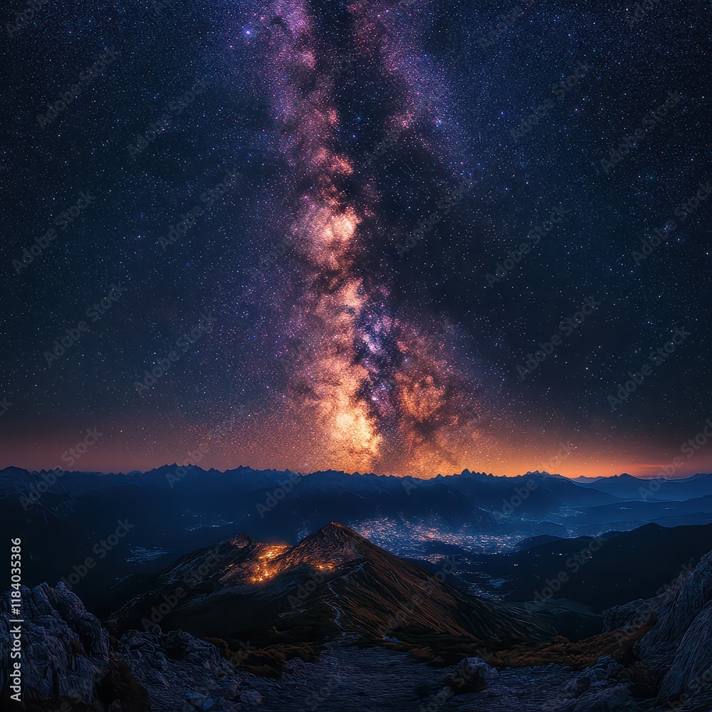 Majestic Night Sky Over Mountain Landscape with Stars and Galaxy Majestic Night Sky Over Mountain Landscape with Stars and Galaxy