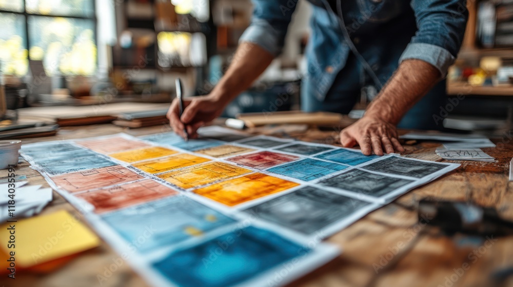 Fototapeta premium Craftsman designing artwork, studio, sketching, colorful, workshop