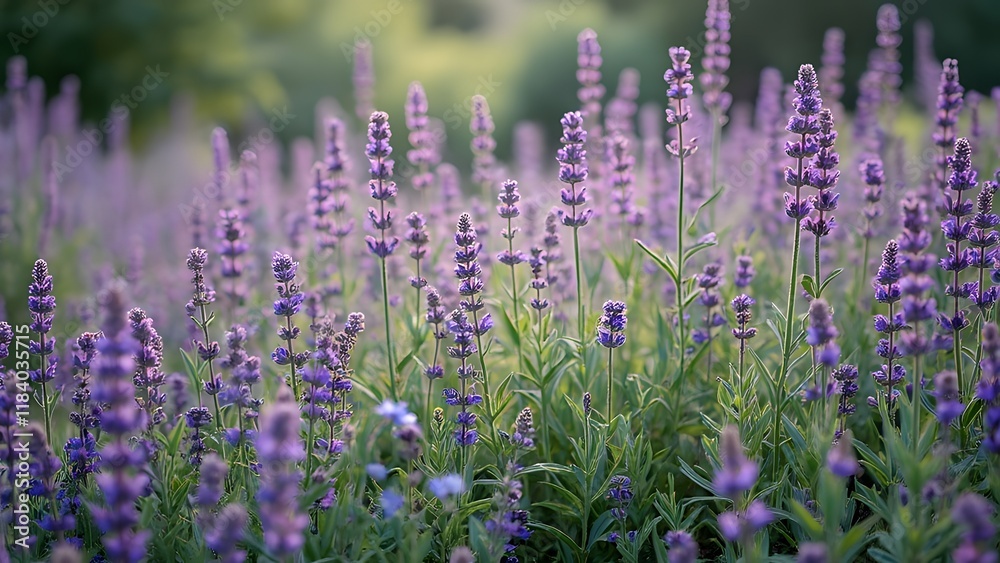 Fototapeta premium Vibrant Lavender Wildflowers, Lush Greenery and Natural Beauty in Purple Hues