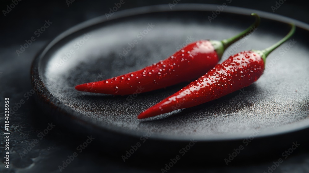 Fresh red chili peppers on dark ceramic plate with water droplets Fresh red chili peppers on dark ceramic plate with water droplets