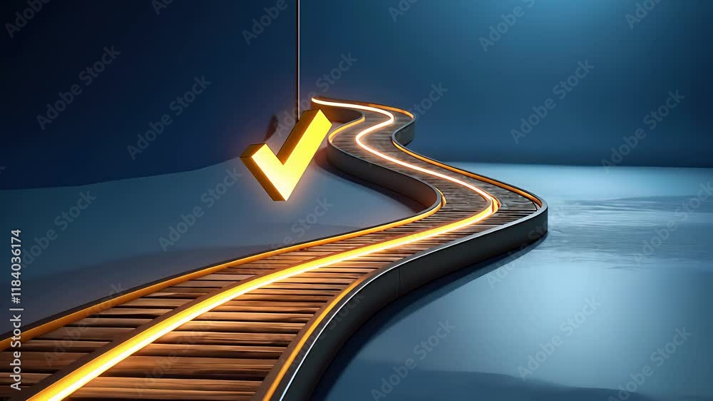 Illuminated Curved Track with a Large Checkmark Hanging Above in a Minimalistic Studio Setting

