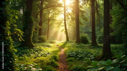 Sunlit Path Through Lush Green Forest, Serene Nature Scene with Brown Tones and Golden Rays photo