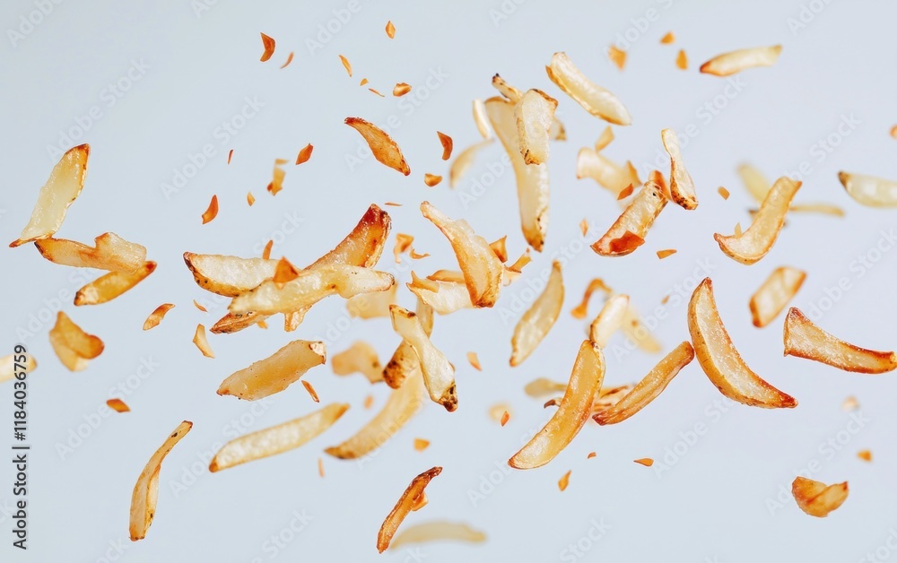 Fototapeta premium Flying French fries scattered in mid-air, golden and crispy, floating gracefully against a clean white background