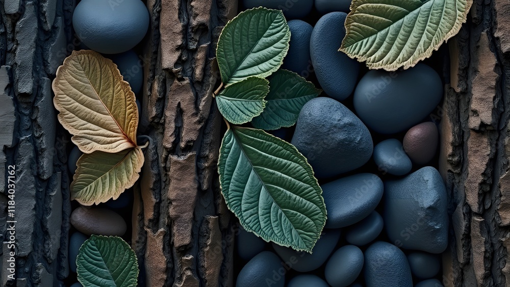 custom made wallpaper toronto digitalNavy Blue Nature Textures, Detailed Close-up of Tree Bark, Leaves, and Pebbles with Natural Patterns