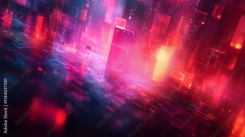 Obraz premium Vibrant abstract digital neon blocks. Glowing geometric shapes, futuristic data. Red, pink, blue, technology concept