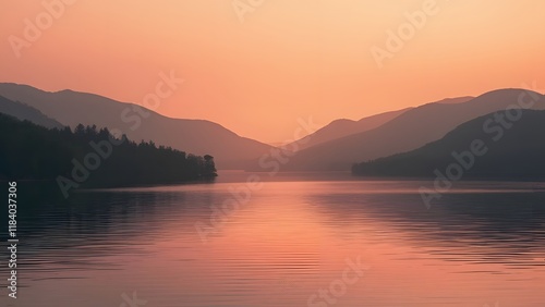 Serene Sunset Lake Landscape, Minimalist Coral Hues, Rolling Hills, and Calm Waters