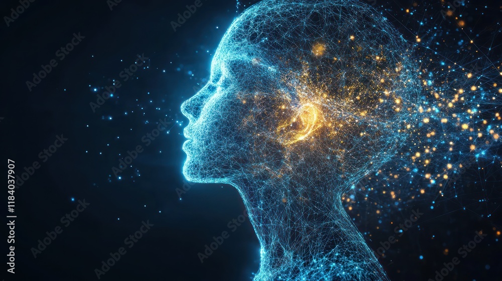 Digital female profile, abstract thinking, glowing network, dark background Digital female profile, abstract thinking, glowing network, dark background