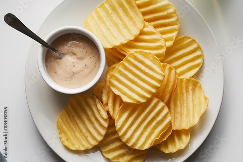rippled fresh potato chips with a small bowl of sauce