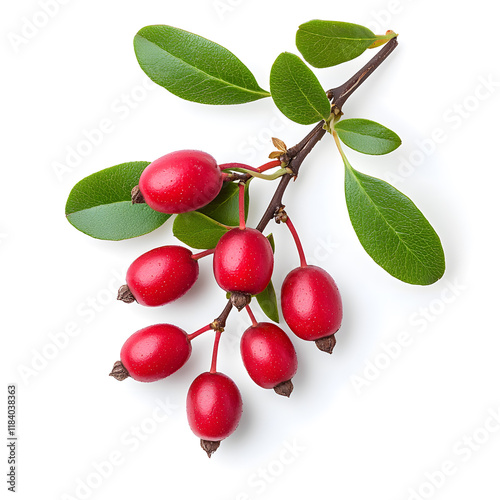 Fresh juicy organic barberry on branch with green leaves, isolated white background